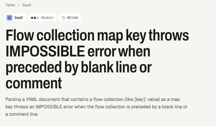 A Groundwork ticket header: a parser bug report with its summary, difficulty and a forty-minute time budget.