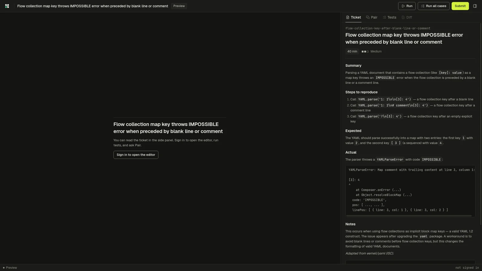 The Groundwork workspace: a dark browser IDE with the ticket panel open, and Run, Run all cases and Submit along the top.